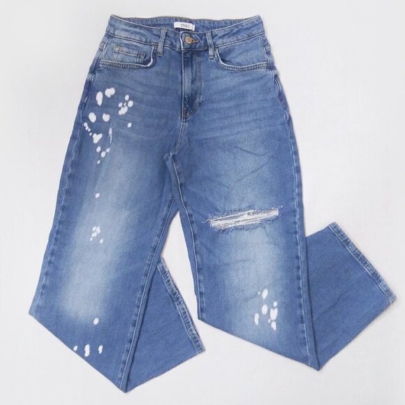 FOREVER 21 Premium Distressed Straight Slouchy Jeans Bleach Dye Paint Splatter - Picture 2 of 9